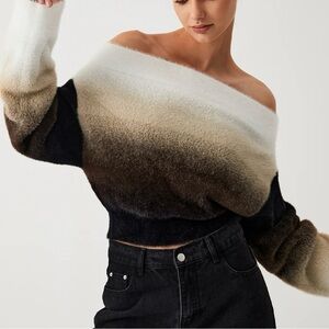 Commense Dawn Ombre Fuzzy Off The Shoulder Cropped Sweater XL NWT